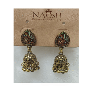 festive antique gold teardrop jhumka earrings with enamel detailing