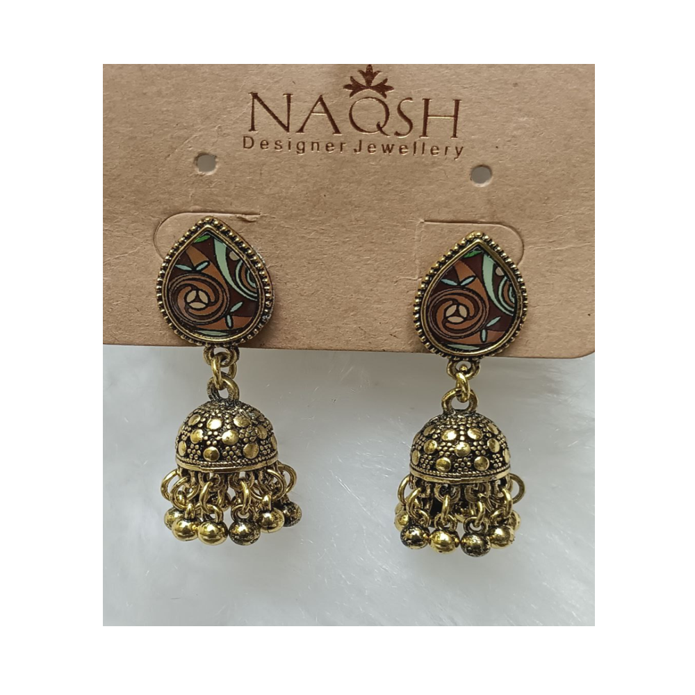 festive antique gold teardrop jhumka earrings with enamel detailing festive antique gold teardrop jhumka earrings with enamel detailing