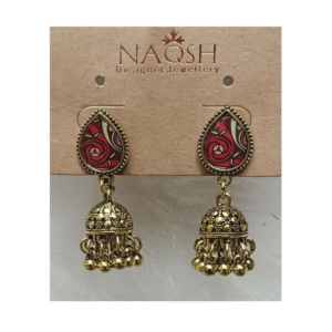 antique gold tone teardrop enamel stud jhumka earrings with bead drops