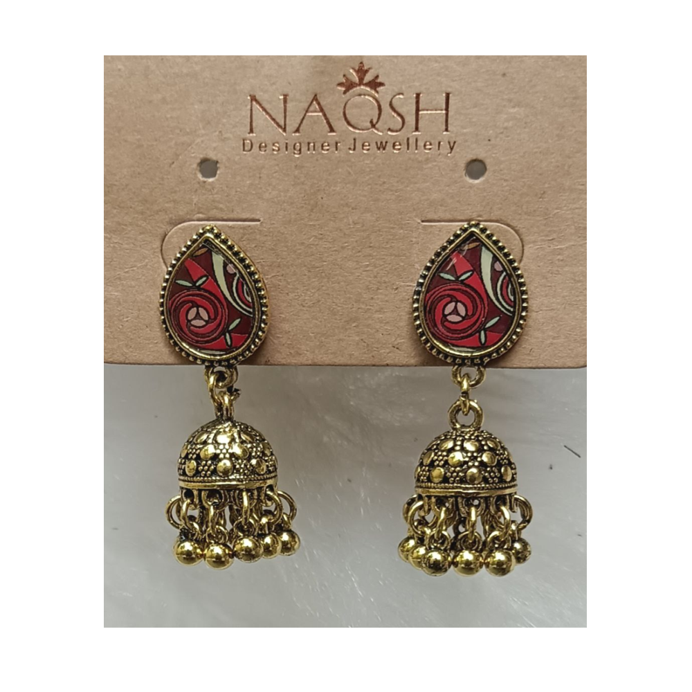 antique gold tone teardrop enamel stud jhumka earrings with bead drops antique gold tone teardrop enamel stud jhumka earrings with bead drops