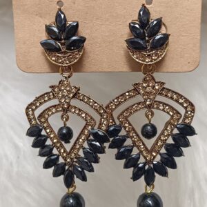 jet black crystal leaf drop earrings – antique gold finish