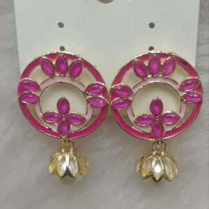 Hot pink circular floral gold drop earrings with pearl charm