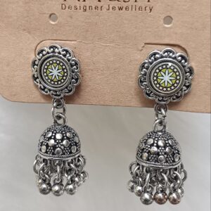 silver oxidised floral jhumka earrings with hand painted studs