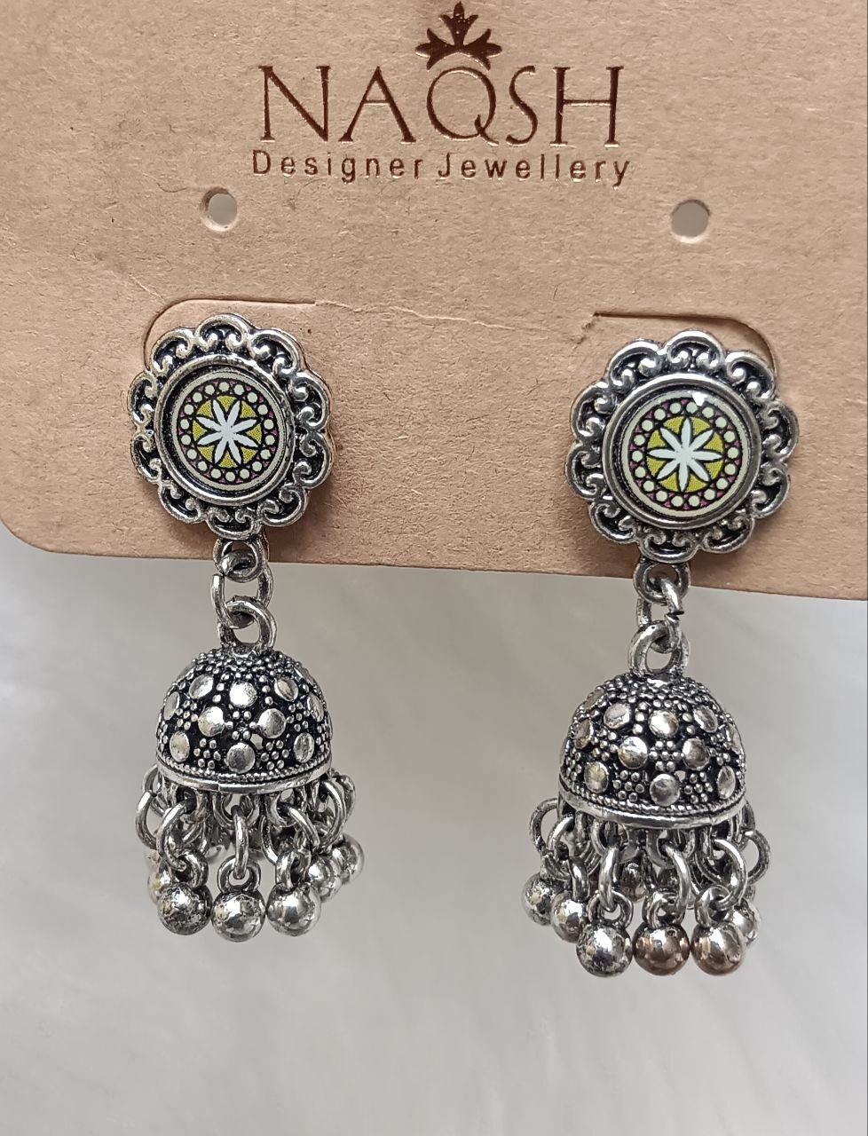 silver oxidised floral jhumka earrings with hand painted studs silver oxidised floral jhumka earrings with hand painted studs