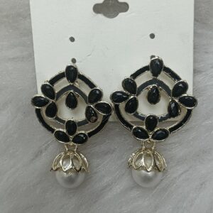 Black enamel floral gold pearl drop earrings