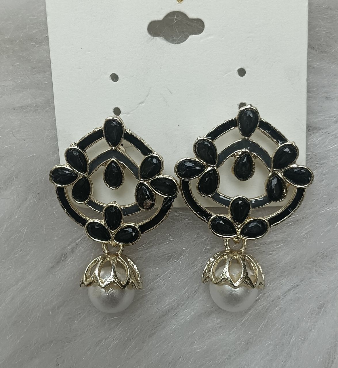 Black Gold Pearl Drop Earrings Black enamel floral gold pearl drop earrings