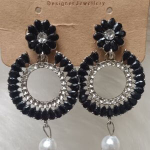 black crystal floral circle drop earrings with pearl dangle – silver finish