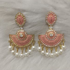 peach & gold enamel pearl drop earrings with traditional fan motif
