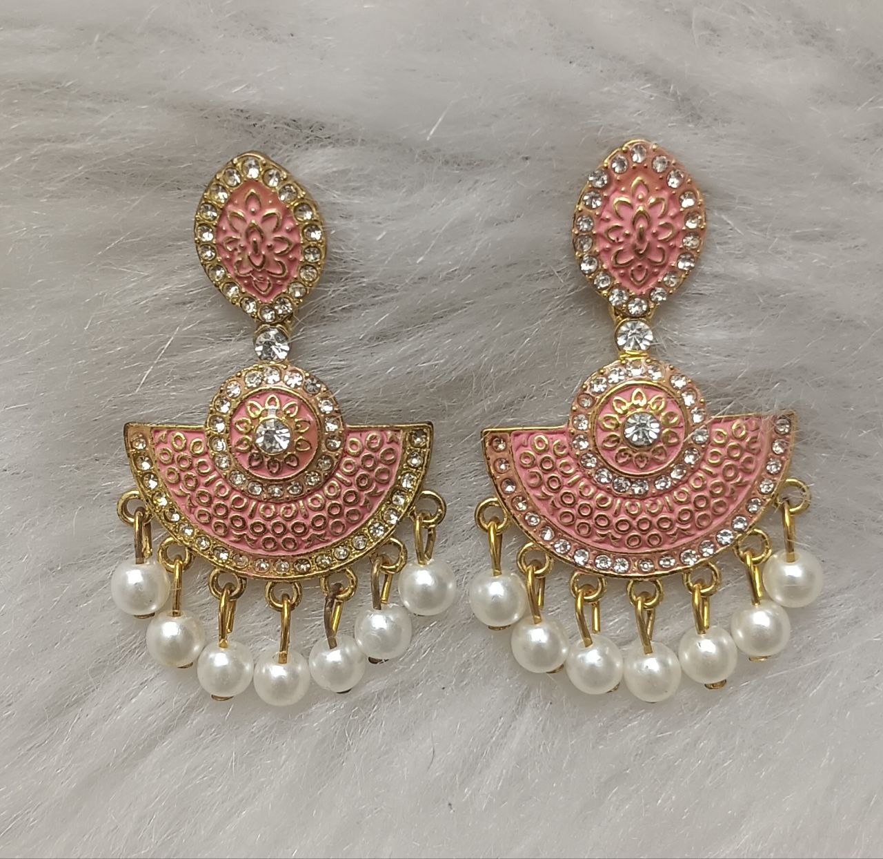 peach & gold enamel pearl drop earrings with traditional fan motif peach & gold enamel pearl drop earrings with traditional fan motif