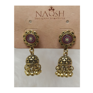 Antique gold-tone jhumka earrings with enamel floral studs and dangling bead details
