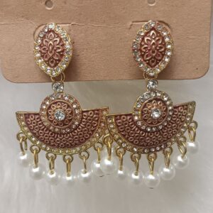 maroon red & gold enamel pearl drop earrings – festive fan motif