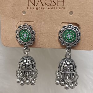 green floral oxidised silver jhumka earrings with hand painted studs