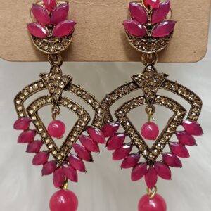 deep pink crystal leaf drop earrings – antique gold finish