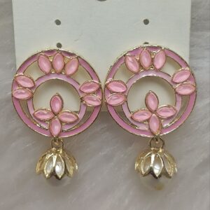 Baby pink circular floral gold drop earrings with pearl charm