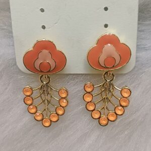 Coral orange floral enamel gold stone drop earrings