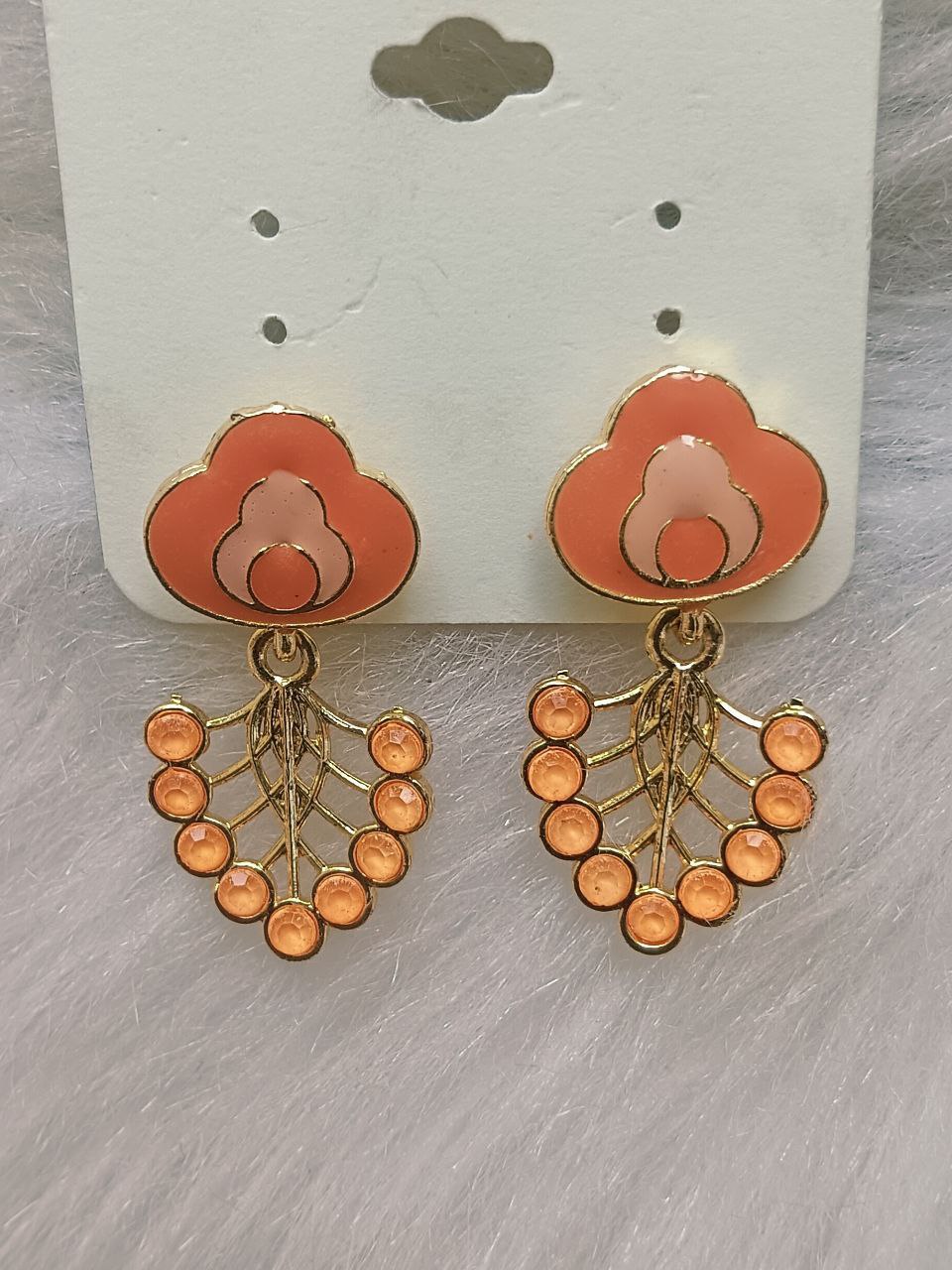Coral Orange Floral Drop Earrings Coral orange floral enamel gold stone drop earrings