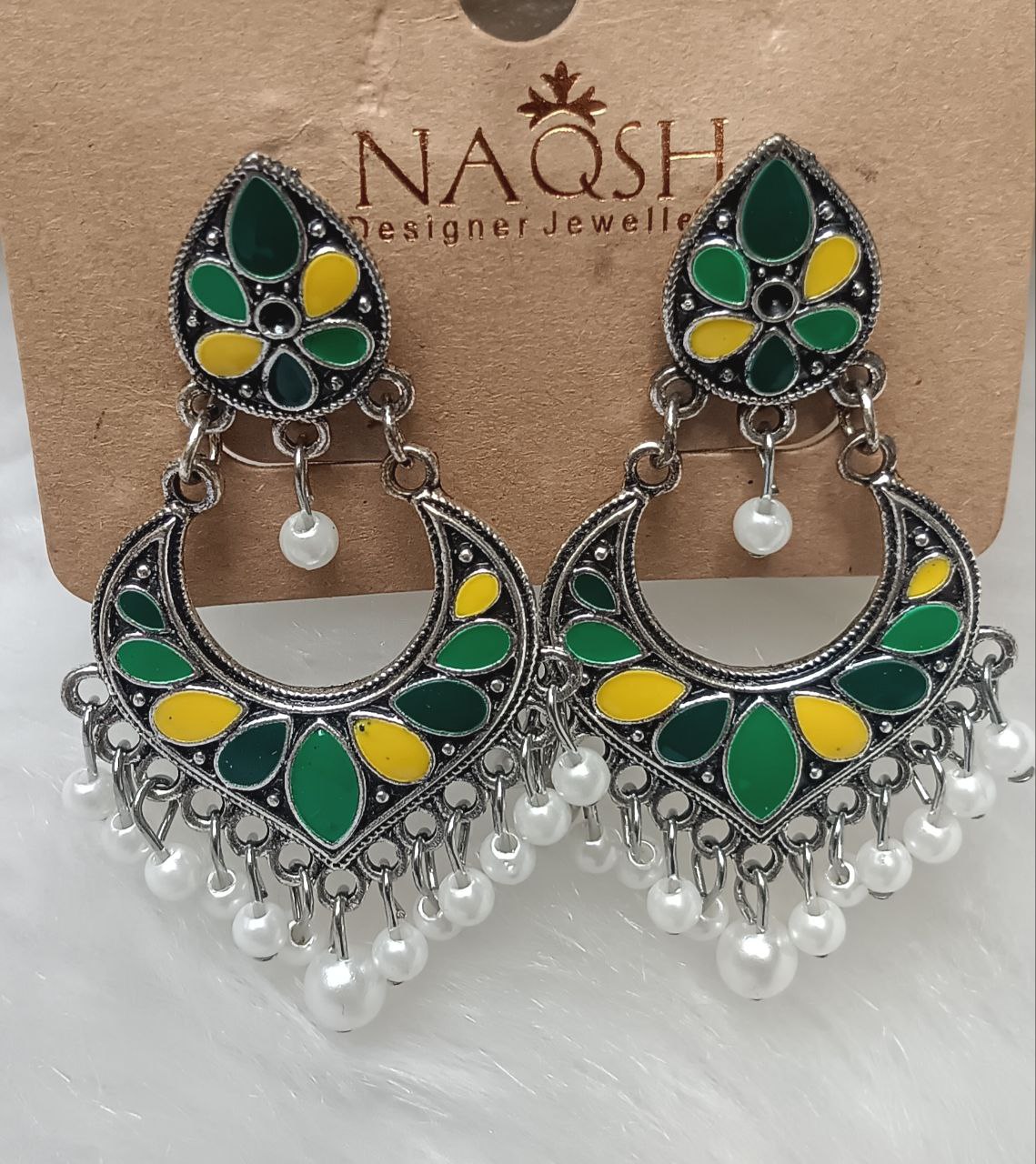 green & yellow enamel crescent drop earrings with pearl dangles – antique silver finish green & yellow enamel crescent drop earrings with pearl dangles – antique silver finish