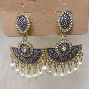 navy blue & gold enamel pearl drop earrings with traditional fan motif