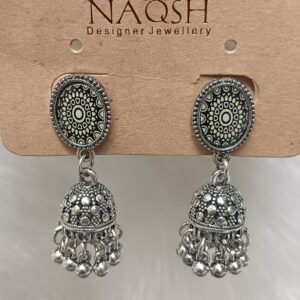black & ivory geometric enamel oxidized silver jhumka earrings