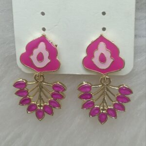 Hot pink and gold enamel leaf drop earrings