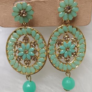 mint green floral circle drop earrings with bead dangle – gold finish