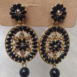 black floral circle drop earrings with bead dangle – gold finish