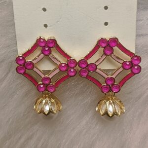 Magenta pink diamond frame earrings with lotus pearl drop