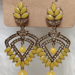 mustard yellow crystal leaf drop earrings – antique gold finish