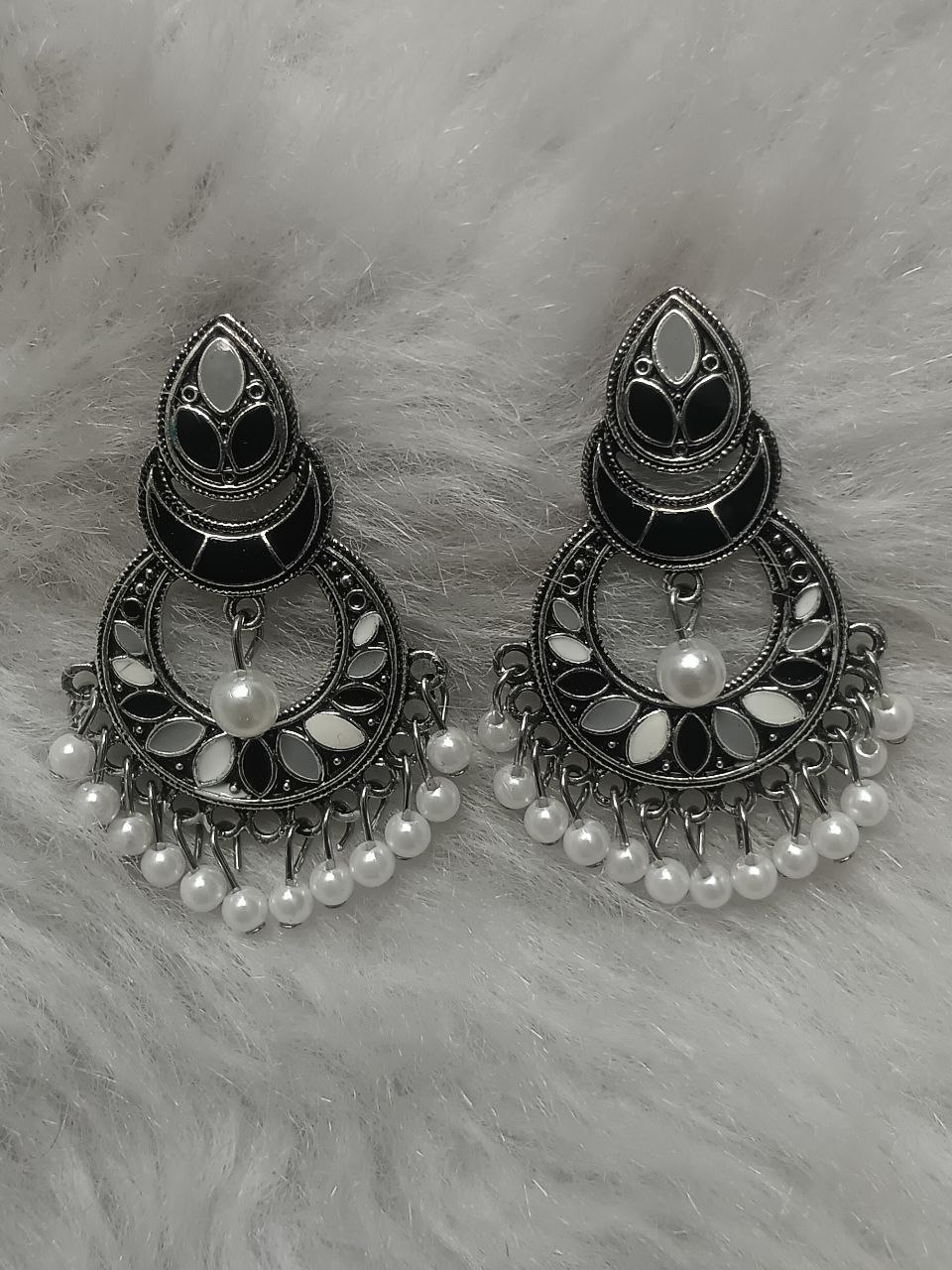 Black and ivory enamel chandbali earrings with pearl detailing. Black Ivory Chandbali Earrings