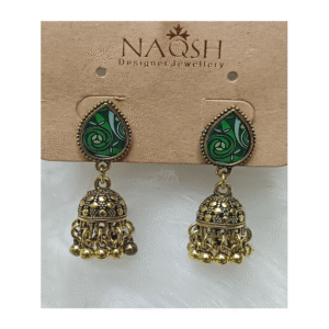 festive antique gold teardrop jhumka earrings with enamel detailing (copy)