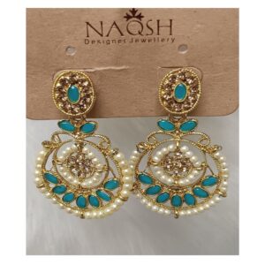 antique gold tone turquoise & pearl circular drop earrings with floral studs