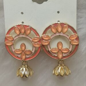 Coral peach circular floral gold drop earrings with pearl charm