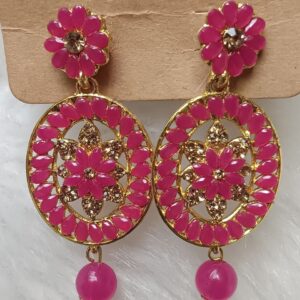 hot pink floral circle drop earrings with bead dangle – gold finish