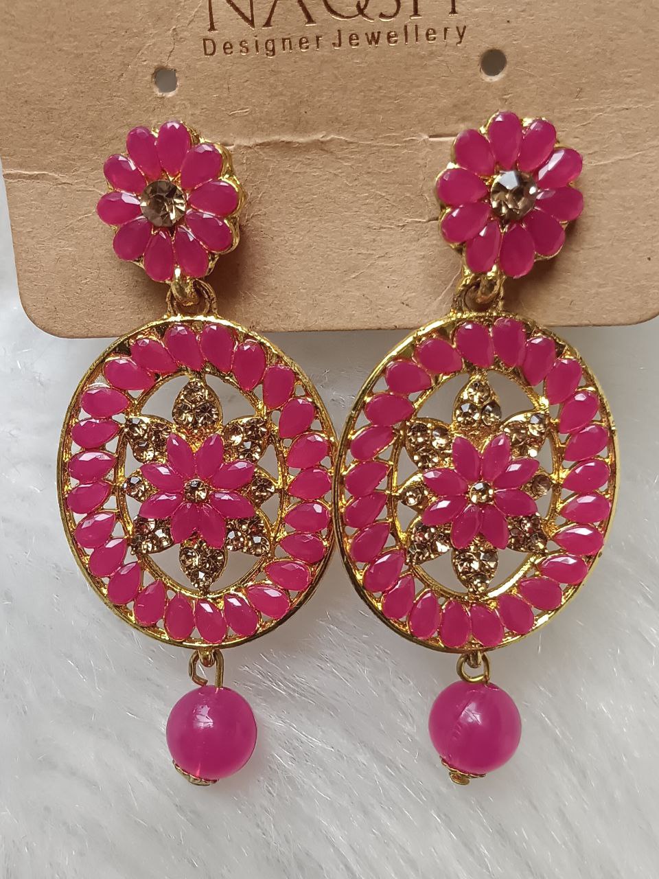 hot pink floral circle drop earrings with bead dangle – gold finish hot pink floral circle drop earrings with bead dangle – gold finish