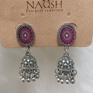 pink & magenta enamel silver oxidized jhumka earrings with oval geometric stud