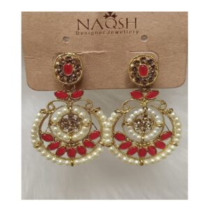antique gold tone red stone & pearl circular drop earrings with floral studs