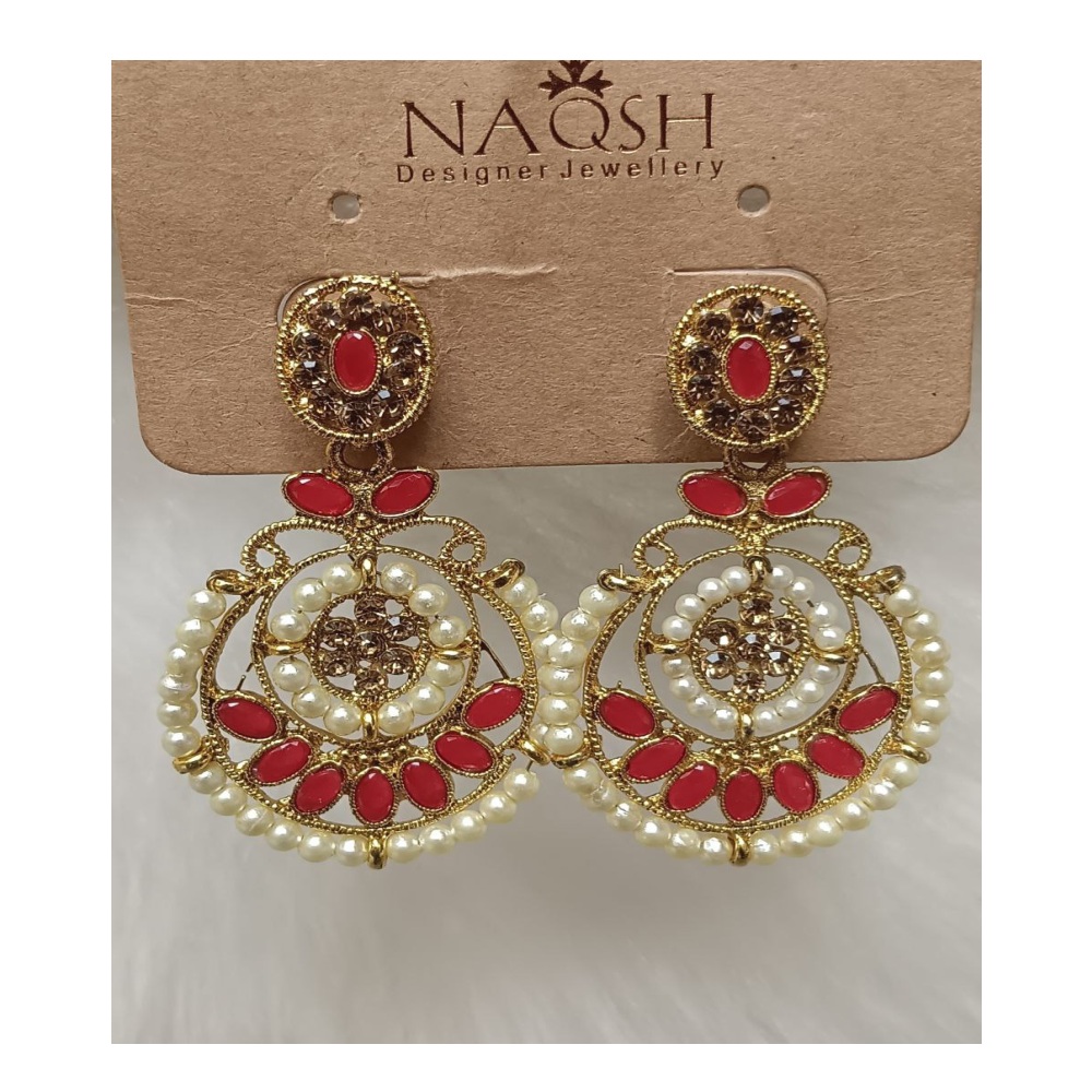 antique gold tone red stone & pearl circular drop earrings with floral studs antique gold tone red stone & pearl circular drop earrings with floral studs