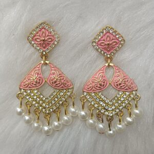peach pink & gold enamel pearl drop earrings – elegant leaf motif