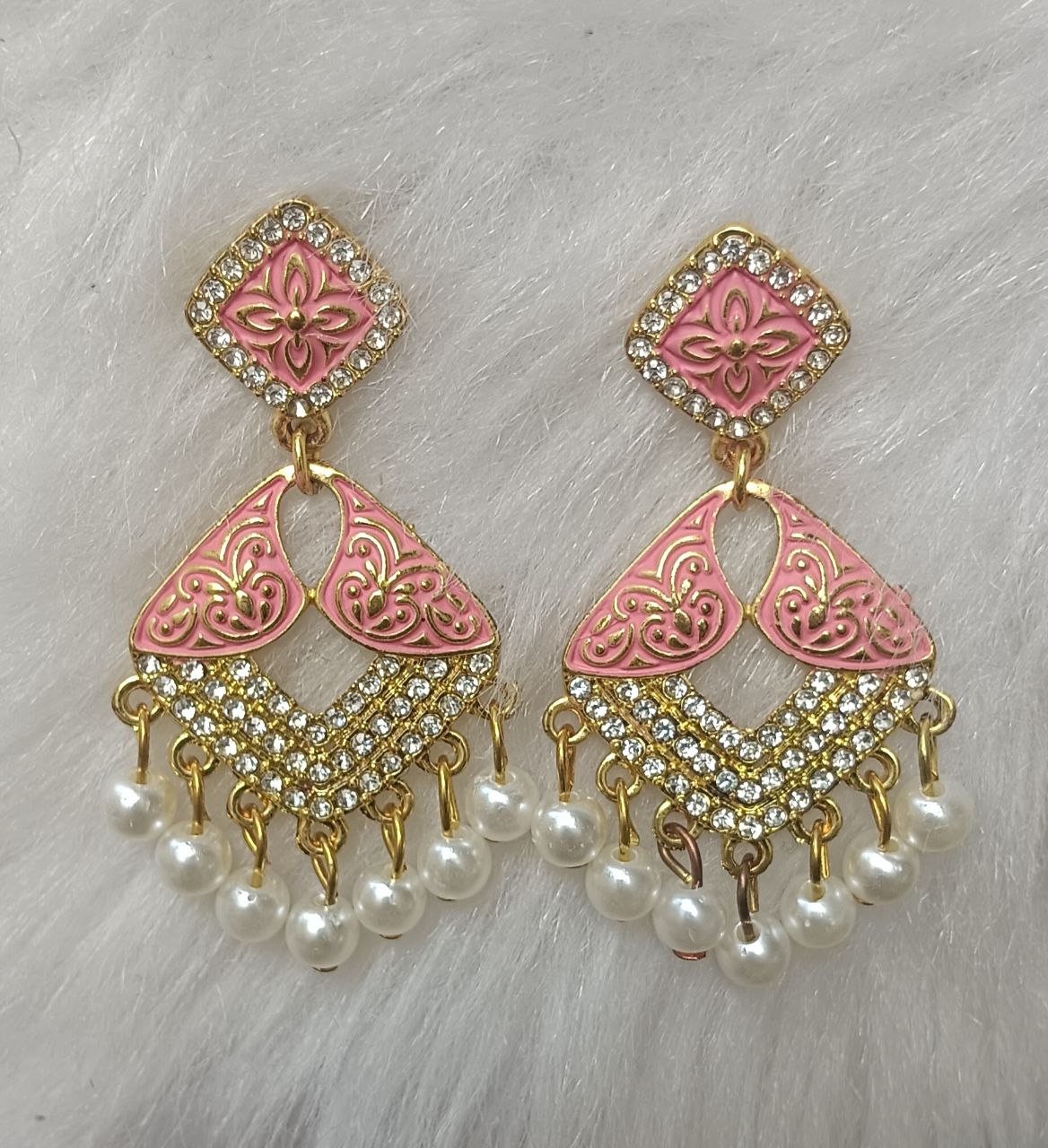 peach pink & gold enamel pearl drop earrings – elegant leaf motif peach pink & gold enamel pearl drop earrings – elegant leaf motif