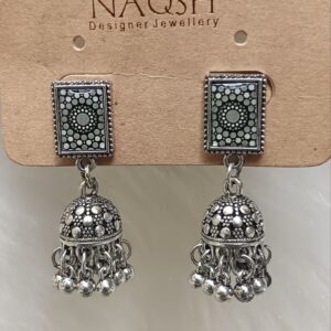 black & grey enamel silver oxidized jhumka earrings with geometric stud