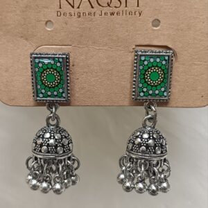 green & silver oxidized jhumka earrings with geometric enamel stud