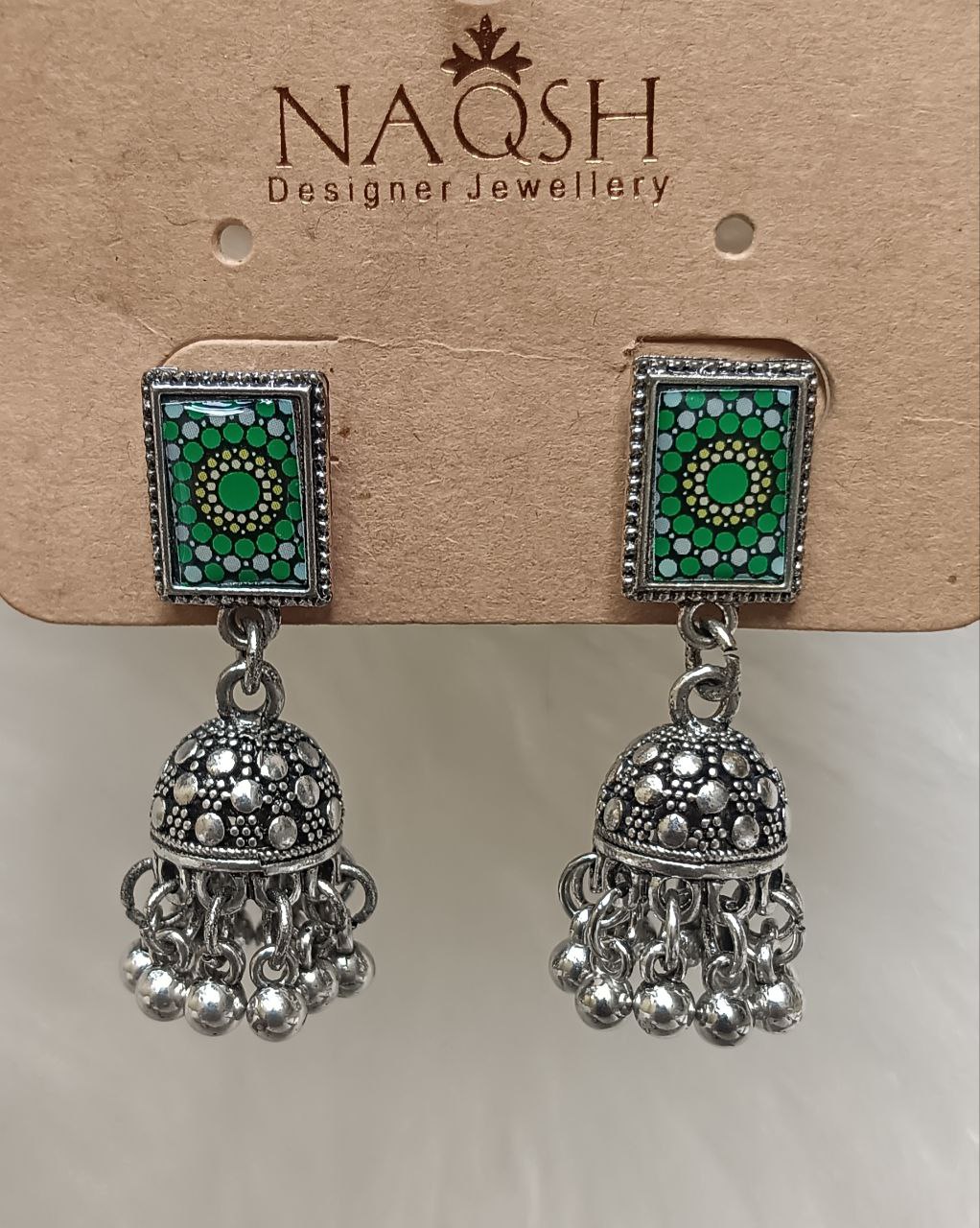 green & silver oxidized jhumka earrings with geometric enamel stud green & silver oxidized jhumka earrings with geometric enamel stud