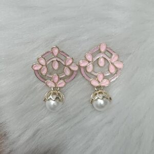 soft pink enamel floral gold pearl drop earrings