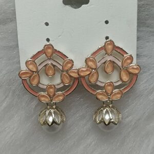 Peach enamel floral gold pearl drop earrings