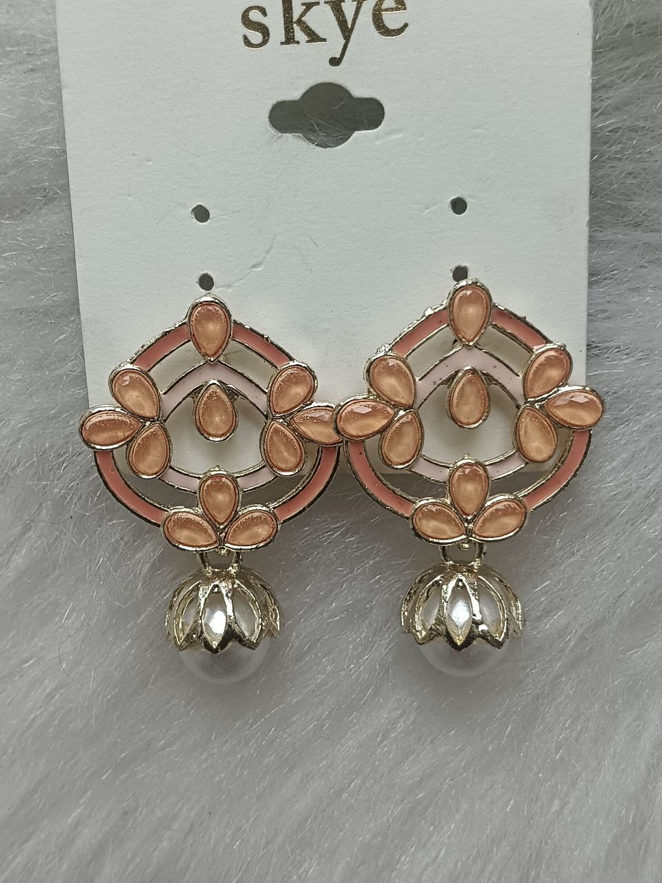 Peach enamel floral gold pearl drop earrings Peach enamel floral gold pearl drop earrings