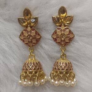 Coffee brown enamel jhumka earrings with pearl drops