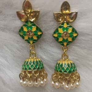 Emerald green and yellow enamel jhumka earrings with pearl drops
