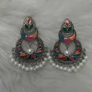 Multicolour enamel chandbali earrings with pearl fringe