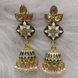 Black and ivory enamel jhumka earrings with pearl drops