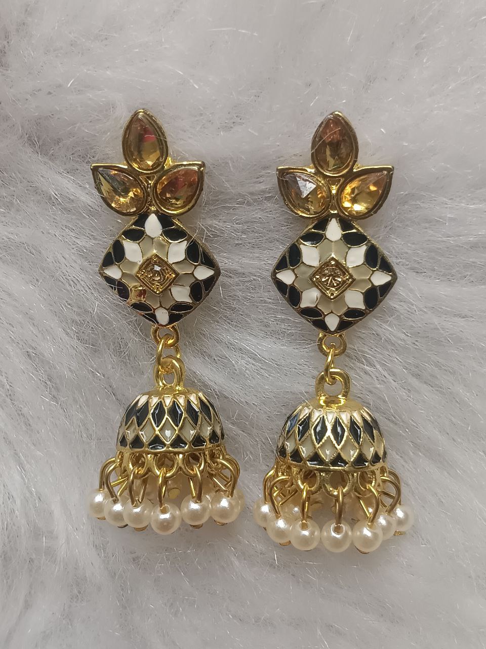 Black Ivory Enamel Jhumka Earrings Black and ivory enamel jhumka earrings with pearl drops
